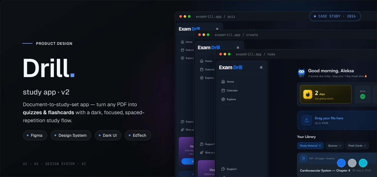 Exam Drill — the examdrill.app product shown across three browser windows: home, create and quiz, in a dark category-coded UI.