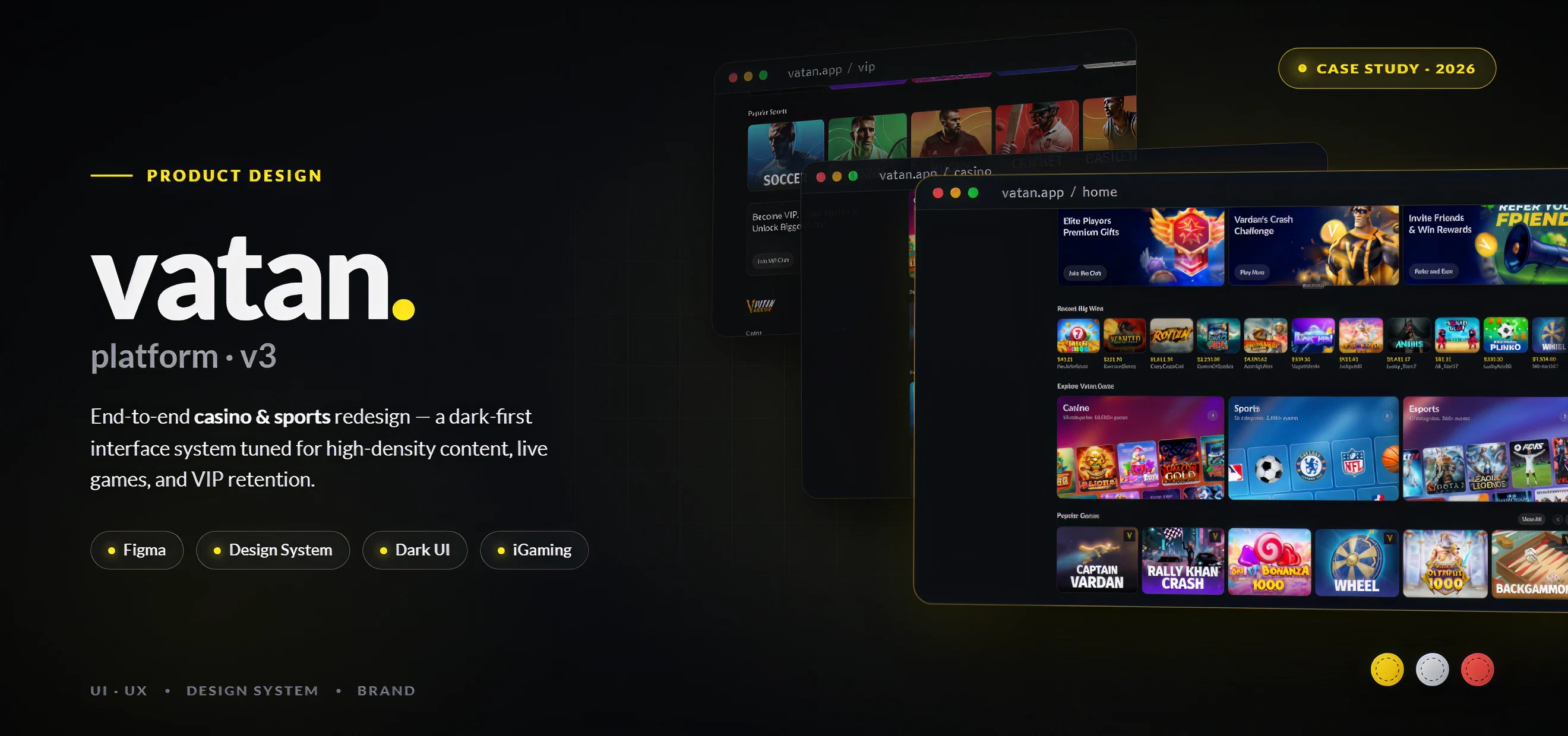vatan platform v3 — dark-first casino & sports product shot showing the home lobby with live games and VIP highlights.